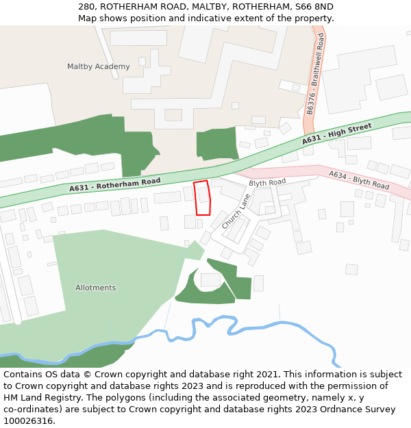 280, ROTHERHAM ROAD, MALTBY, ROTHERHAM, S66 8ND: Location map and indicative extent of plot