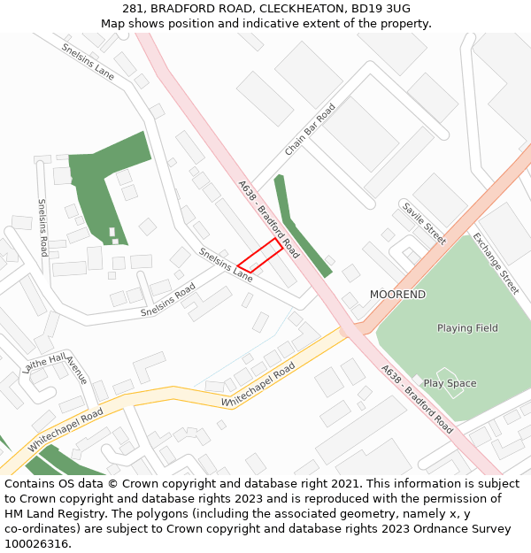 281, BRADFORD ROAD, CLECKHEATON, BD19 3UG: Location map and indicative extent of plot