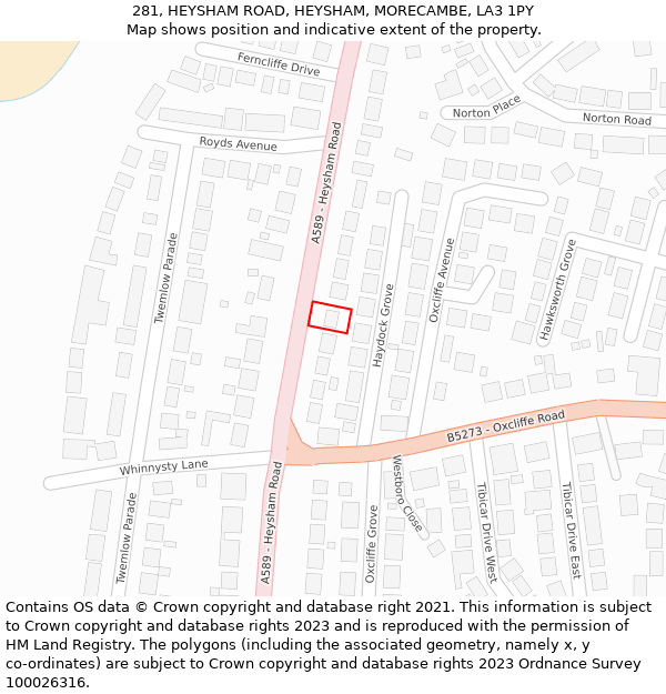 281, HEYSHAM ROAD, HEYSHAM, MORECAMBE, LA3 1PY: Location map and indicative extent of plot