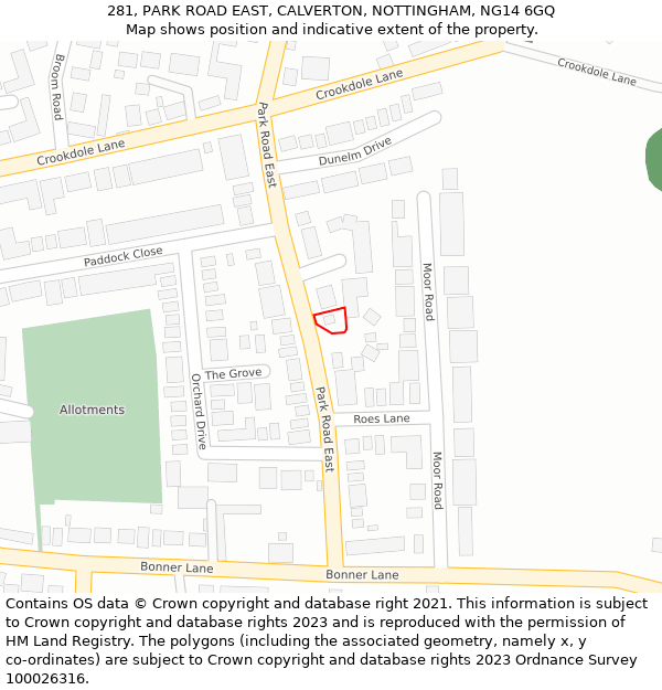 281, PARK ROAD EAST, CALVERTON, NOTTINGHAM, NG14 6GQ: Location map and indicative extent of plot