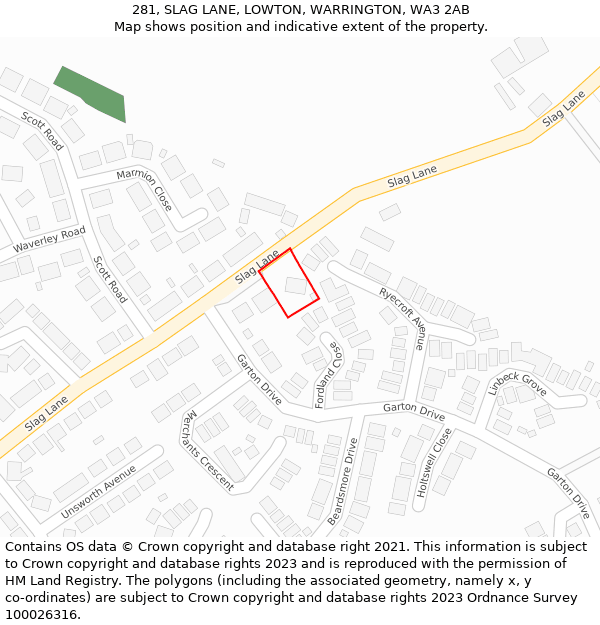 281, SLAG LANE, LOWTON, WARRINGTON, WA3 2AB: Location map and indicative extent of plot