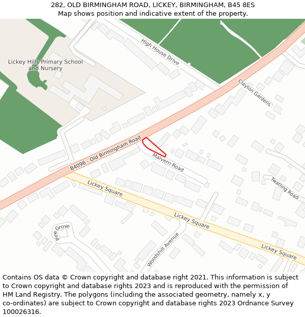 282, OLD BIRMINGHAM ROAD, LICKEY, BIRMINGHAM, B45 8ES: Location map and indicative extent of plot