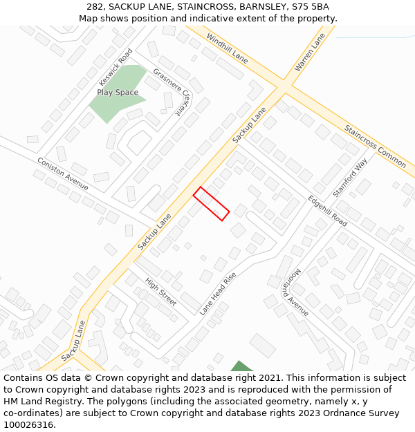 282, SACKUP LANE, STAINCROSS, BARNSLEY, S75 5BA: Location map and indicative extent of plot