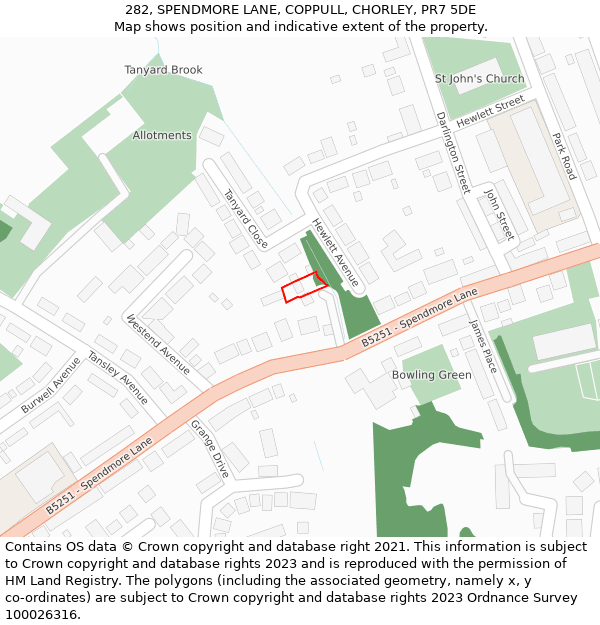 282, SPENDMORE LANE, COPPULL, CHORLEY, PR7 5DE: Location map and indicative extent of plot