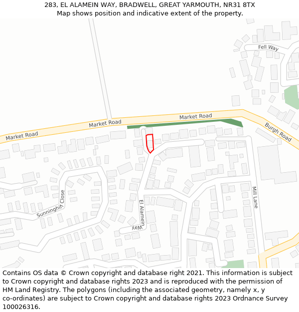 283, EL ALAMEIN WAY, BRADWELL, GREAT YARMOUTH, NR31 8TX: Location map and indicative extent of plot