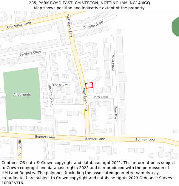 285, PARK ROAD EAST, CALVERTON, NOTTINGHAM, NG14 6GQ: Location map and indicative extent of plot