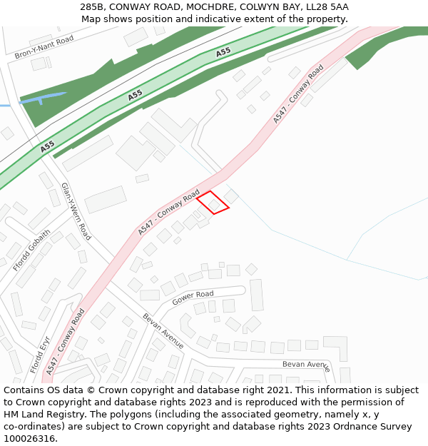 285B, CONWAY ROAD, MOCHDRE, COLWYN BAY, LL28 5AA: Location map and indicative extent of plot