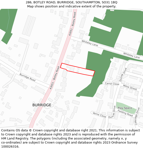 286, BOTLEY ROAD, BURRIDGE, SOUTHAMPTON, SO31 1BQ: Location map and indicative extent of plot