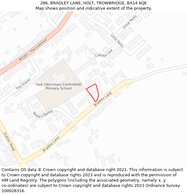 286, BRADLEY LANE, HOLT, TROWBRIDGE, BA14 6QE: Location map and indicative extent of plot