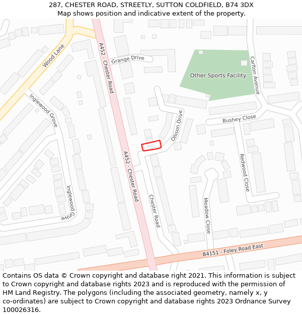 287, CHESTER ROAD, STREETLY, SUTTON COLDFIELD, B74 3DX: Location map and indicative extent of plot