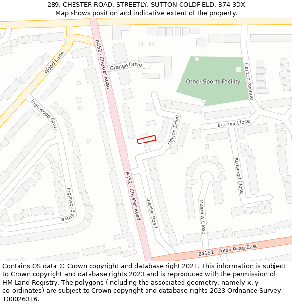 289, CHESTER ROAD, STREETLY, SUTTON COLDFIELD, B74 3DX: Location map and indicative extent of plot