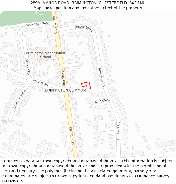 289A, MANOR ROAD, BRIMINGTON, CHESTERFIELD, S43 1NU: Location map and indicative extent of plot