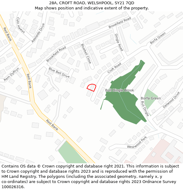 28A, CROFT ROAD, WELSHPOOL, SY21 7QD: Location map and indicative extent of plot