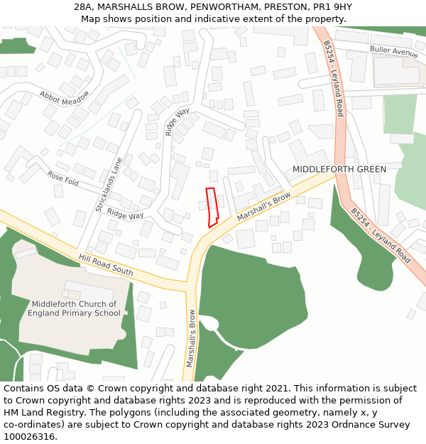 28A, MARSHALLS BROW, PENWORTHAM, PRESTON, PR1 9HY: Location map and indicative extent of plot