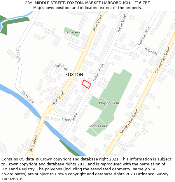 28A, MIDDLE STREET, FOXTON, MARKET HARBOROUGH, LE16 7RE: Location map and indicative extent of plot