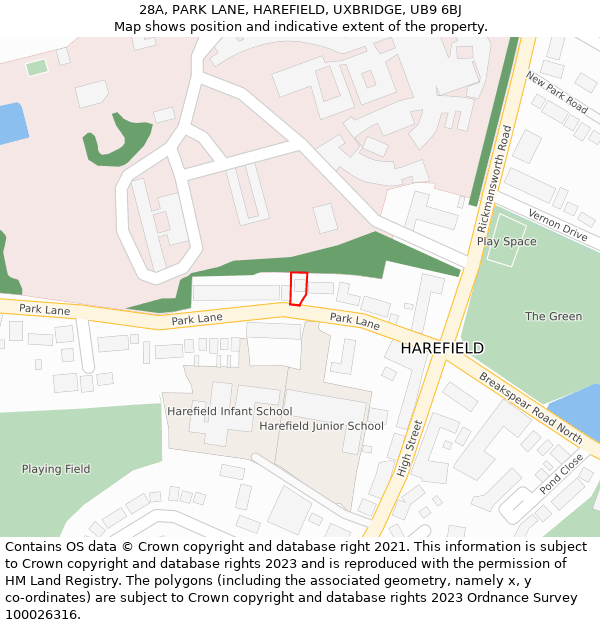 28A, PARK LANE, HAREFIELD, UXBRIDGE, UB9 6BJ: Location map and indicative extent of plot