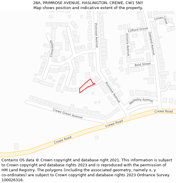 28A, PRIMROSE AVENUE, HASLINGTON, CREWE, CW1 5NY: Location map and indicative extent of plot