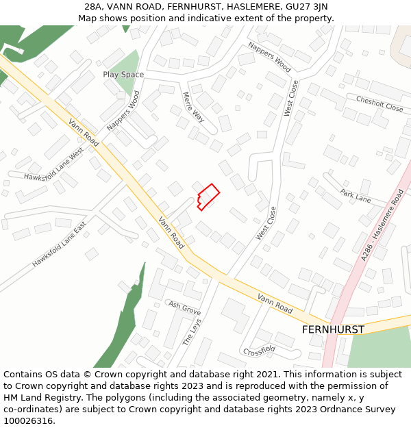 28A, VANN ROAD, FERNHURST, HASLEMERE, GU27 3JN: Location map and indicative extent of plot