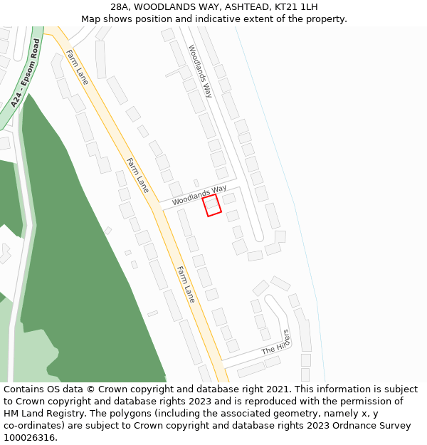 28A, WOODLANDS WAY, ASHTEAD, KT21 1LH: Location map and indicative extent of plot