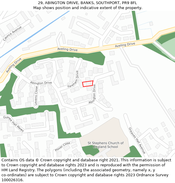 29, ABINGTON DRIVE, BANKS, SOUTHPORT, PR9 8FL: Location map and indicative extent of plot