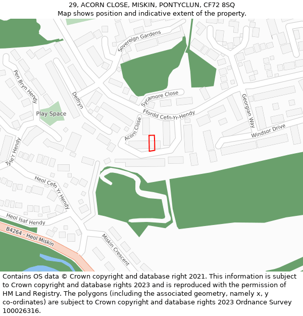 29, ACORN CLOSE, MISKIN, PONTYCLUN, CF72 8SQ: Location map and indicative extent of plot