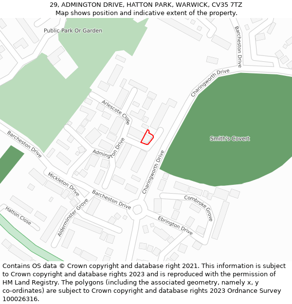29, ADMINGTON DRIVE, HATTON PARK, WARWICK, CV35 7TZ: Location map and indicative extent of plot