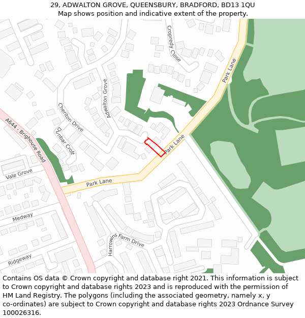 29, ADWALTON GROVE, QUEENSBURY, BRADFORD, BD13 1QU: Location map and indicative extent of plot