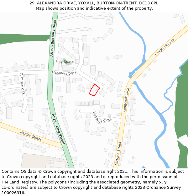 29, ALEXANDRA DRIVE, YOXALL, BURTON-ON-TRENT, DE13 8PL: Location map and indicative extent of plot