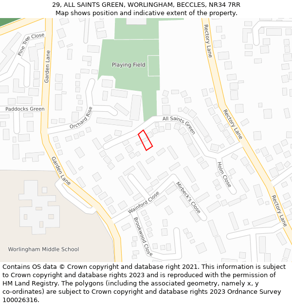 29, ALL SAINTS GREEN, WORLINGHAM, BECCLES, NR34 7RR: Location map and indicative extent of plot