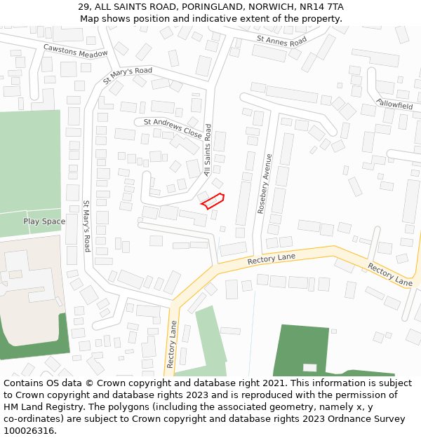 29, ALL SAINTS ROAD, PORINGLAND, NORWICH, NR14 7TA: Location map and indicative extent of plot