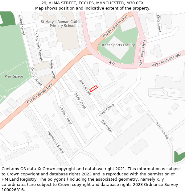 29, ALMA STREET, ECCLES, MANCHESTER, M30 0EX: Location map and indicative extent of plot