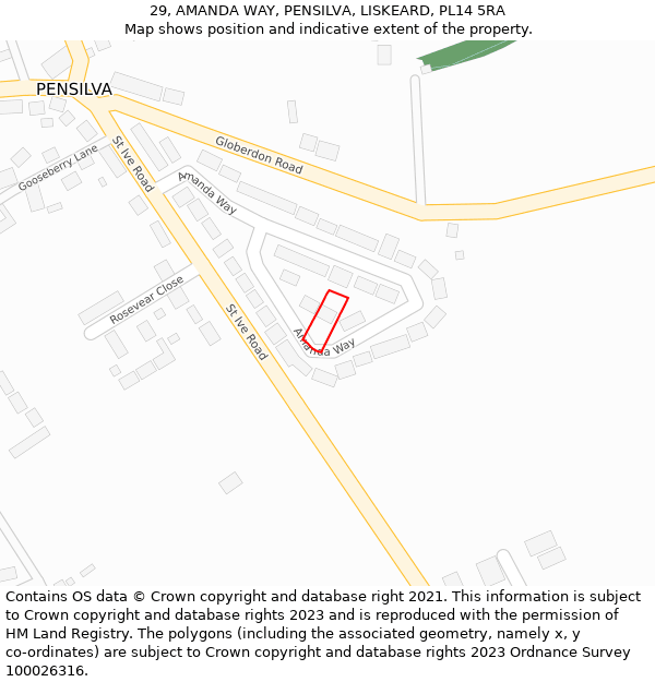 29, AMANDA WAY, PENSILVA, LISKEARD, PL14 5RA: Location map and indicative extent of plot