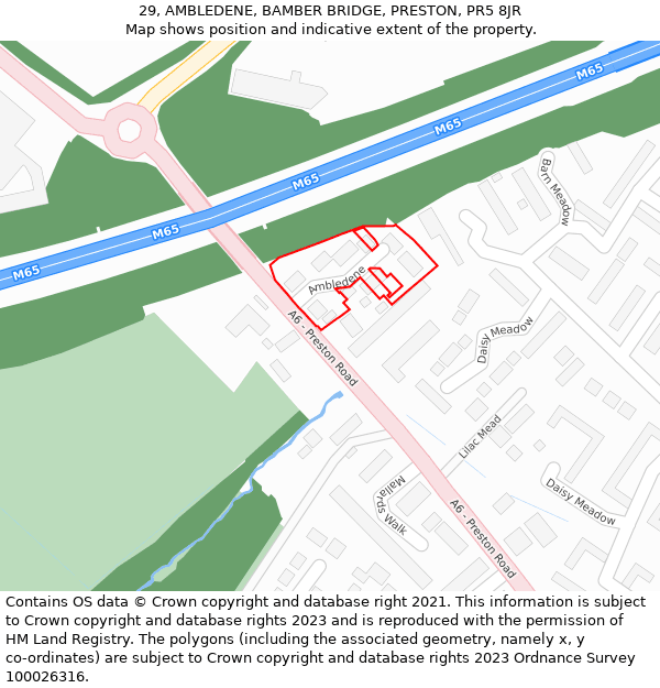 29, AMBLEDENE, BAMBER BRIDGE, PRESTON, PR5 8JR: Location map and indicative extent of plot