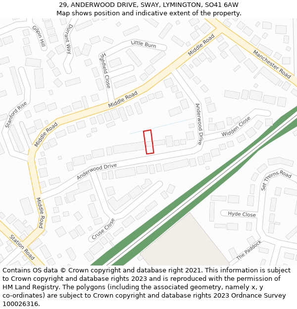 29, ANDERWOOD DRIVE, SWAY, LYMINGTON, SO41 6AW: Location map and indicative extent of plot