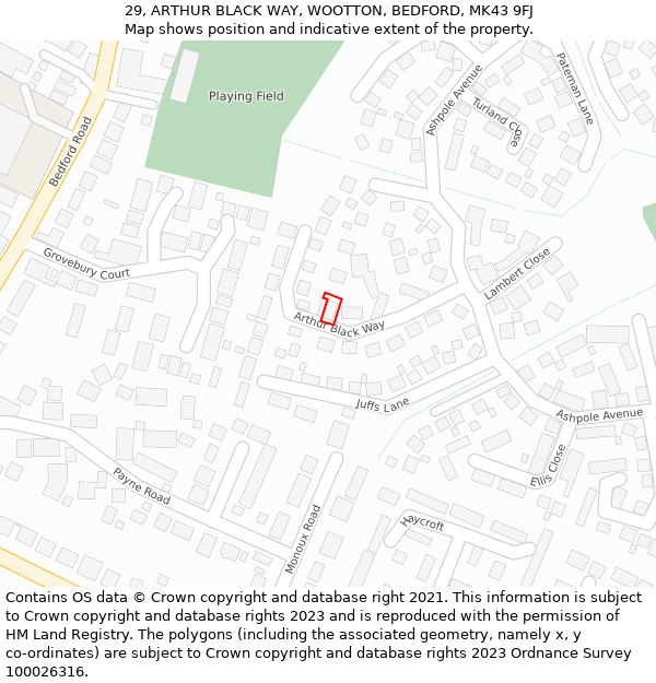 29, ARTHUR BLACK WAY, WOOTTON, BEDFORD, MK43 9FJ: Location map and indicative extent of plot