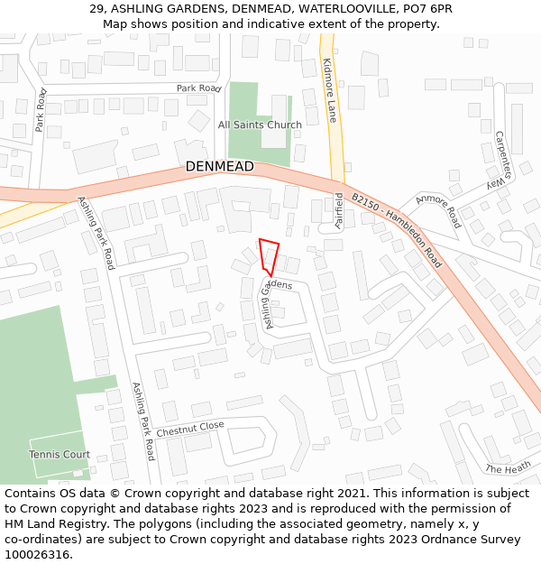 29, ASHLING GARDENS, DENMEAD, WATERLOOVILLE, PO7 6PR: Location map and indicative extent of plot