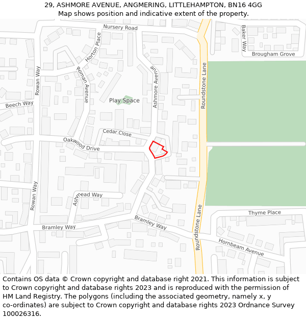 29, ASHMORE AVENUE, ANGMERING, LITTLEHAMPTON, BN16 4GG: Location map and indicative extent of plot