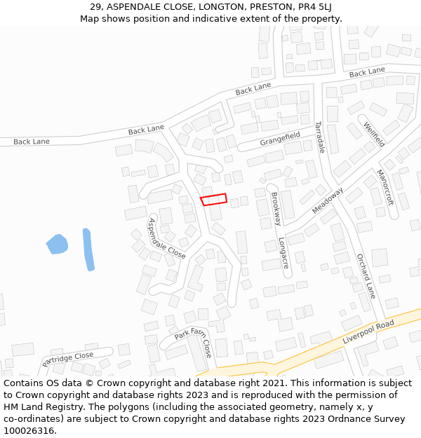 29, ASPENDALE CLOSE, LONGTON, PRESTON, PR4 5LJ: Location map and indicative extent of plot