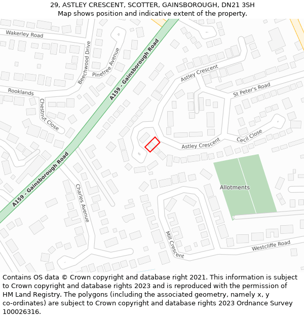 29, ASTLEY CRESCENT, SCOTTER, GAINSBOROUGH, DN21 3SH: Location map and indicative extent of plot