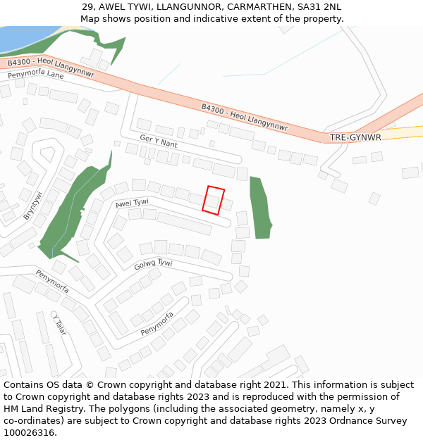 29, AWEL TYWI, LLANGUNNOR, CARMARTHEN, SA31 2NL: Location map and indicative extent of plot