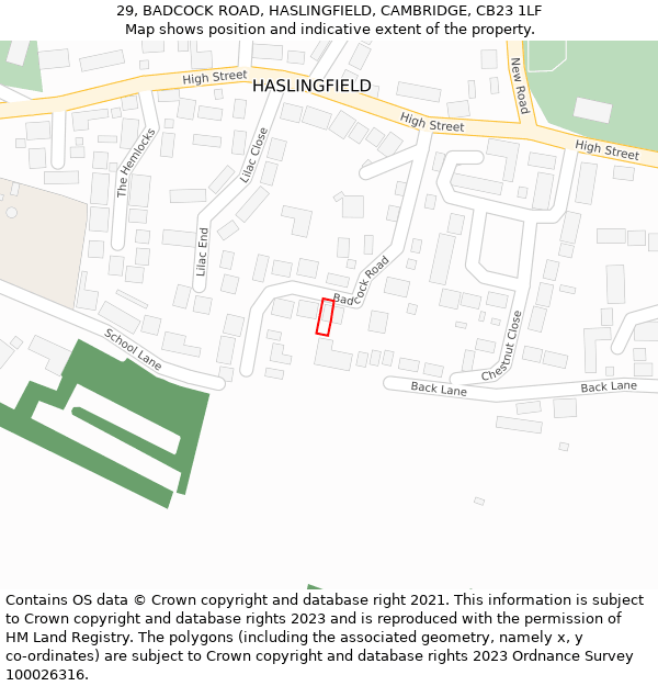 29, BADCOCK ROAD, HASLINGFIELD, CAMBRIDGE, CB23 1LF: Location map and indicative extent of plot