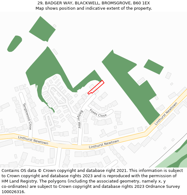 29, BADGER WAY, BLACKWELL, BROMSGROVE, B60 1EX: Location map and indicative extent of plot