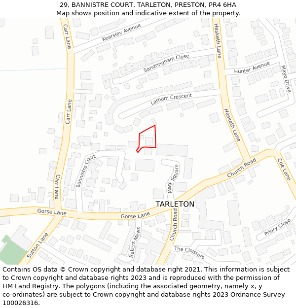 29, BANNISTRE COURT, TARLETON, PRESTON, PR4 6HA: Location map and indicative extent of plot