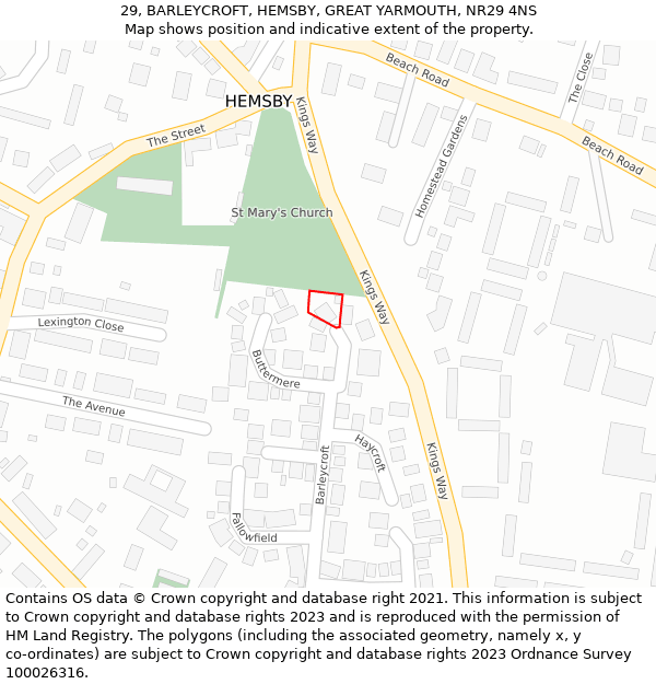 29, BARLEYCROFT, HEMSBY, GREAT YARMOUTH, NR29 4NS: Location map and indicative extent of plot