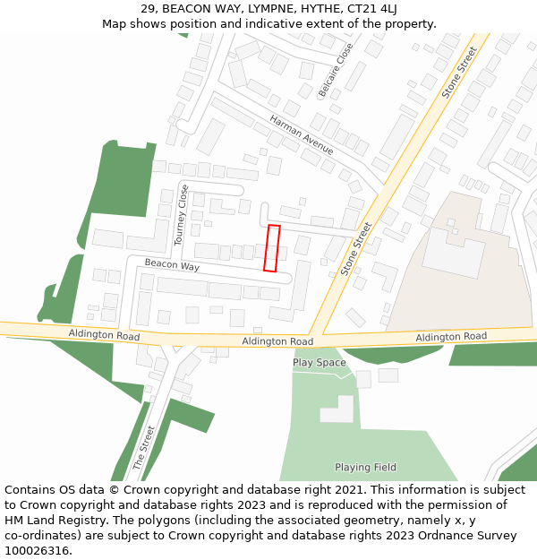 29, BEACON WAY, LYMPNE, HYTHE, CT21 4LJ: Location map and indicative extent of plot