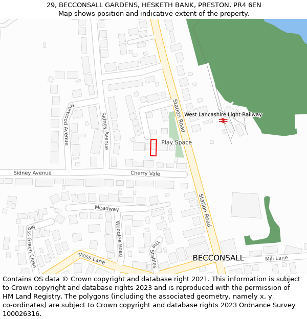 29, BECCONSALL GARDENS, HESKETH BANK, PRESTON, PR4 6EN: Location map and indicative extent of plot