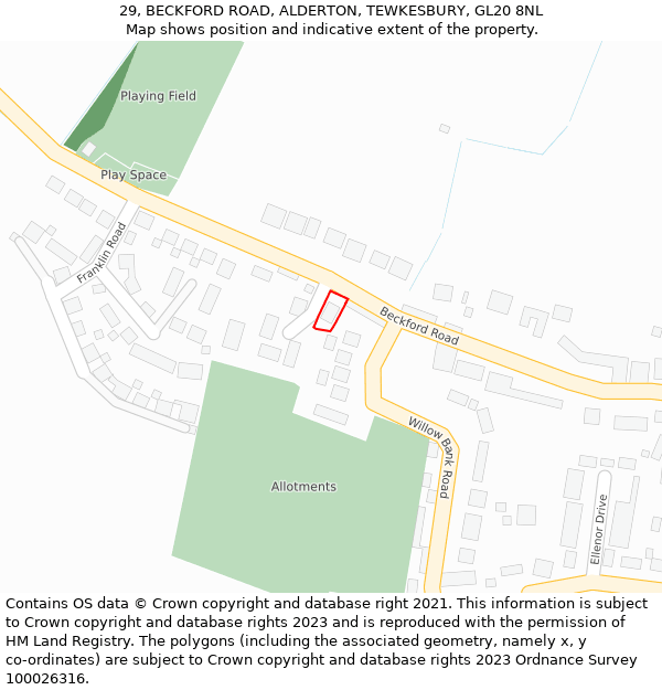 29, BECKFORD ROAD, ALDERTON, TEWKESBURY, GL20 8NL: Location map and indicative extent of plot