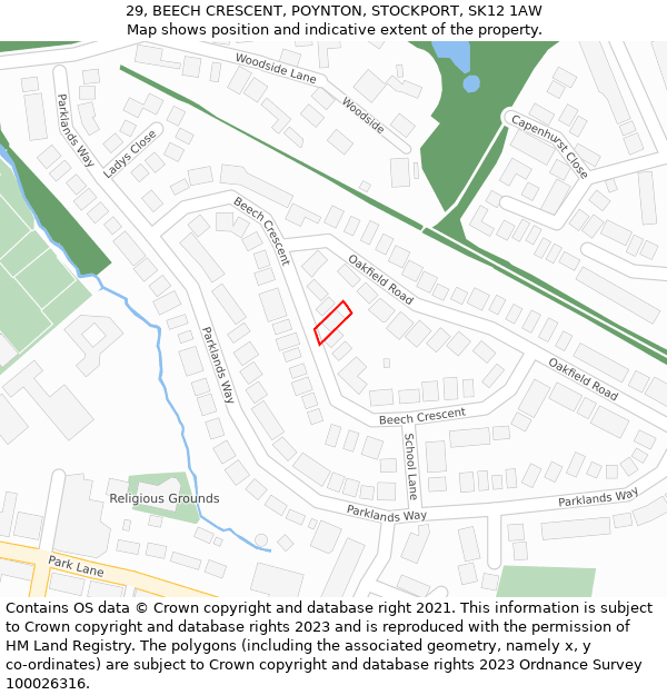 29, BEECH CRESCENT, POYNTON, STOCKPORT, SK12 1AW: Location map and indicative extent of plot