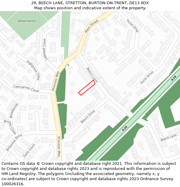 29, BEECH LANE, STRETTON, BURTON-ON-TRENT, DE13 0DX: Location map and indicative extent of plot