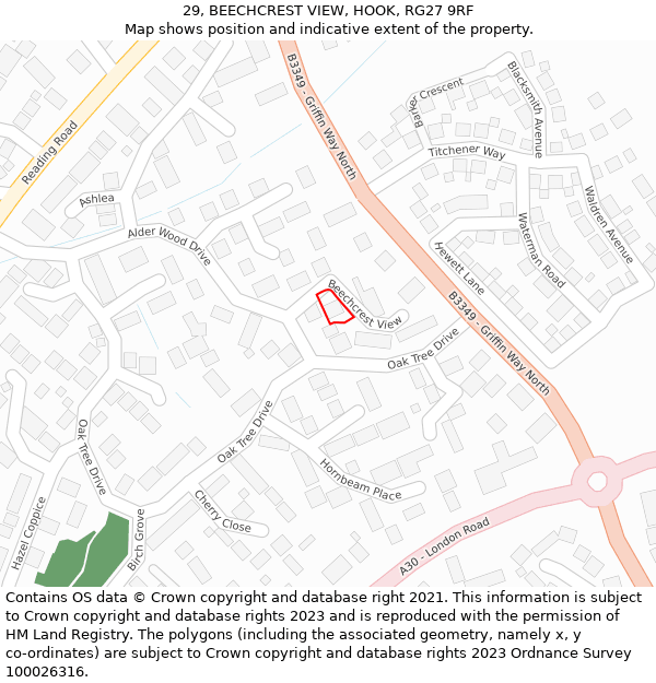 29, BEECHCREST VIEW, HOOK, RG27 9RF: Location map and indicative extent of plot